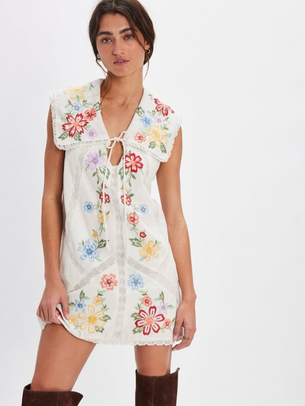Free People White Embroidered Floral Tie-Front Dress